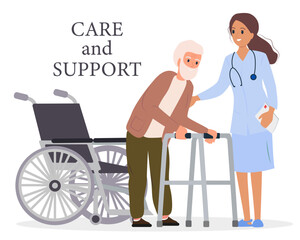 Nurse helps a grandfather with a walker. An old infirm man with a walker and a doctor. Wheelchair. Flat vector.