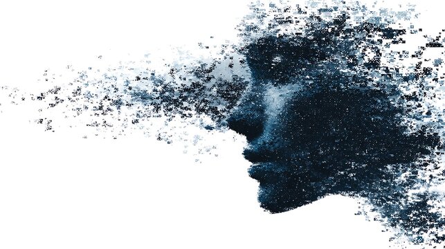 A human face disintegrating into digital particles isolated on white background