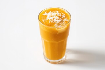 Tumbler glass filled with a creamy pumpkin and coconut drink against a white backdrop