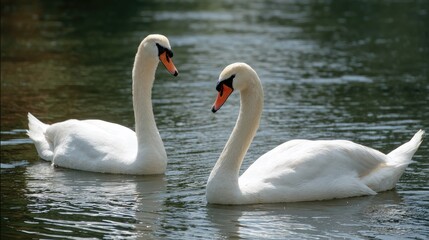 Elegant White Swan Couple Swimming in Calm Water Outdoor Scene