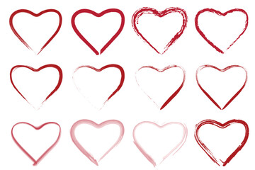 Collection of hand-drawn heart shapes red watercolor brush stroke vector elements for love and Valentines Day designs. EPS vector illustration