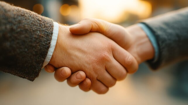 Close-up of two individuals shaking hands outdoors at dusk, one hand showing dirt,