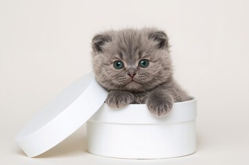 Adorable grey kitten of Scottish Fold breed nestled inside a present box