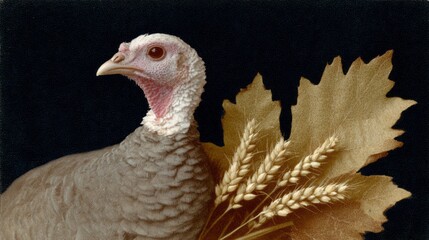 A regal turkey with golden leaves and wheat symbolizes Thanksgiving's harvest bounty, echoing ancestral abundance and autumnal gratitude