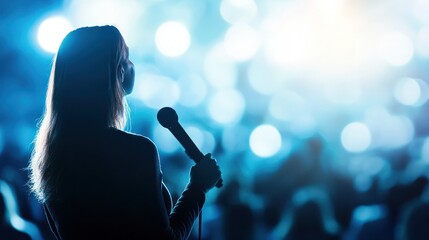 Silhouette Woman Speaking Into Microphone on Stage with Audience Lights