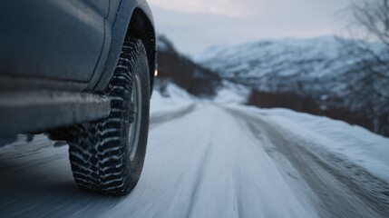 Dusty SUV wheel conquers frost-kissed Alaskan wilderness, capturing icy odyssey, Winter Solstice serenity, and rugged adventure essence