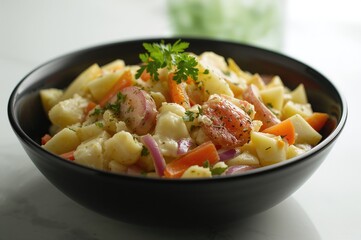 Black bowl filled with potato salad garnished with fresh parsley, featuring eggs and carrots for a summer meal