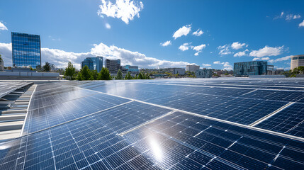 Solar panels on a rooftop with cityscape backdrop under a bright blue sky