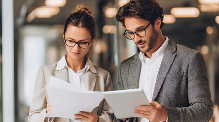 Two business professionals reviewing documents and a tablet in a modern office setting