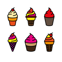 Six Colorful Ice Cream Cones With Swirled Soft Serve In Waffle And Cup Images