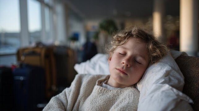 A young Caucasian boy peacefully naps in a sunlit terminal, embodying serenity and wanderlust during National Napping Day