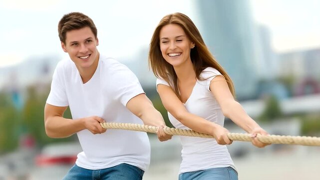 A man and woman playfully pulling a rope in a symbolic tug of war, representing family roles and balance in marriage, smiling and laughing, blured background, with copy space.