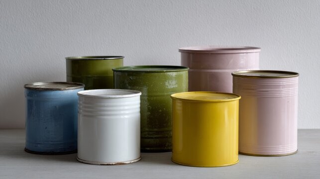 Intriguing, pastel-hued tins await repurposing, their quiet presence ideal for Earth Day upcycling or eccentric DIY gift-making