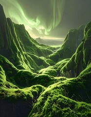 Mossy mountains under aurora