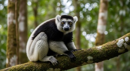 Fototapeta premium Black and White Lemur on Branch.