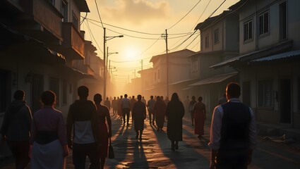 A crowd of people walking in a bustling city street at sunset, with silhouettes of buildings on either side. The warm sunlight bathes the scene