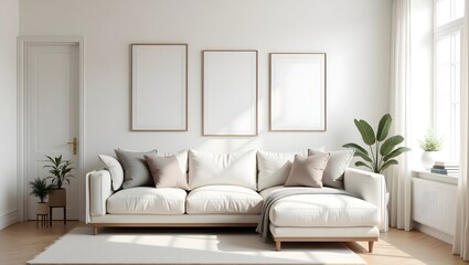 Fototapeta premium an interior design of a modern living room with a neutral color palette. A cozy sofa is positioned beneath three framed artworks, enhanced by plants and sunlight