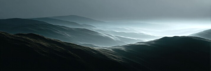 Fototapeta premium Ethereal mist veils undulating hills at dawn, invoking tranquil zen-like contemplation, akin to Samhain's mystical whispers