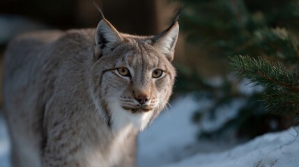 Fototapeta premium Silent lynx prowls through whispering snowdrifts, echoing Winter Solstice mysteries, embodying nature's enigma and Nordic folklore's silent guardian