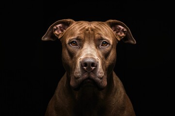 Obraz premium Close-up of a brown pitbull staring directly at the camera with a dark backdrop