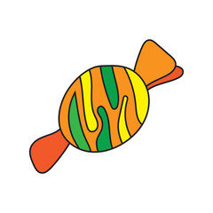 Colorful Candy Illustration With Bright Orange, Green, And Yellow Stripes In Wrapper