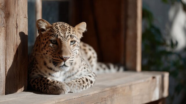 Leopard lounging serenely on sun-dappled wooden ledge, whispers of ancient tales, Earth Day wildlife tribute, feline elegance