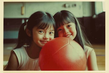 Smiling Asian schoolgirl girls holding a red ball in the gym are captured in a photo in a soft vintage style, with warm tones and a nostalgic atmosphere.