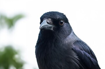 Close-up of a juvenile black bird with glossy feathers