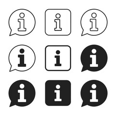 Set of six minimalist information icons inside circles and squares with white and black styles