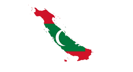Map of maldives isolated on transparent background showing the flag of the country, a crescent moon and a star, red and green colors, a geographical representation of the island nation