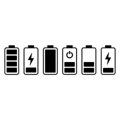 Minimalist battery icons set showing different charge levels and power states