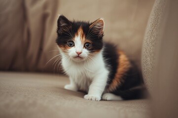Small three-colored cat sitting on a couch, portrait