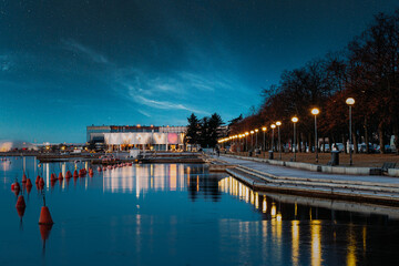 Obraz premium Helsinki, Finland. Night View Of City Park Meripuisto. Street Promenade At Night. Night stars sky