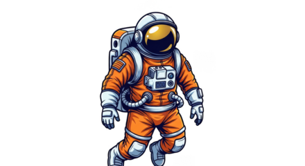 Orange suit astronaut floats against black