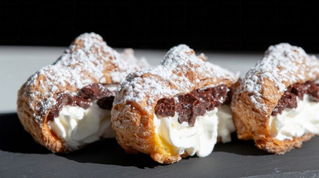 Cream-filled zeppole erupt with chocolate exuberance, embodying Festa di San Giuseppe's indulgence and the enigmatic allure of dolce far niente