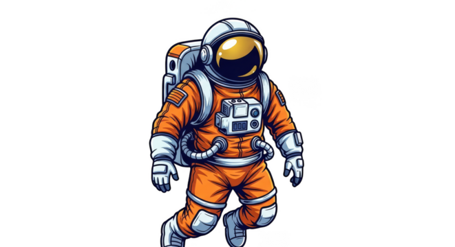 Orange suit astronaut floats against black