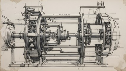 a detailed engineering drawing of a complex machine, showcasing its intricate inner workings and mechanical design. The blueprint style highlights the technical aspects