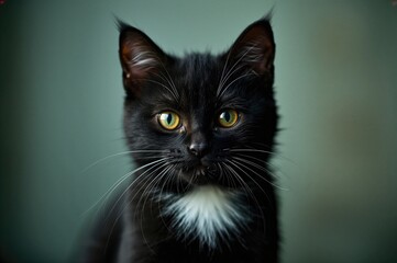 Adorable black feline with a white patch on its neck in a close-up shot
