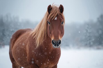 Winter outdoor portrait of a dark brown horse