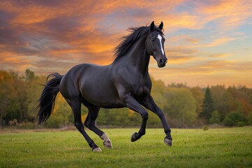 Portrait of a dark Friesian stallion galloping through fall foliage