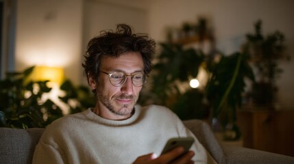 A thoughtful Caucasian man in cozy ambiance, immersed in his phone, perfect for World Introvert Day or Cozy Mystery Nights
