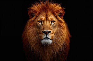 Obraz premium Portrait of a serene male lion with a majestic mane against a black backdrop