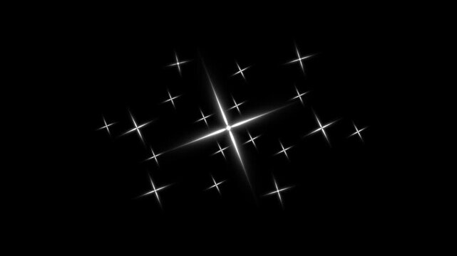 Glowing starry twinkle sparkle shining glitter stars, doodle cartoon flat vector style twinkling blinking effect animated on black screen background, festive shimmering holiday overlay video 4K