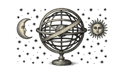 Obraz premium Vintage astronomical design with armillary sphere, moon, and sun in engraved style