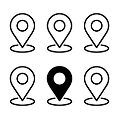 Set of six minimalist location pin icons for navigation and mapping applications