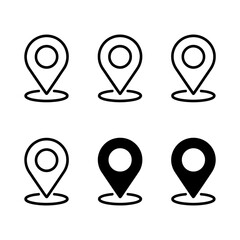Set of six minimalist location pin icons in outline and filled styles for navigation apps