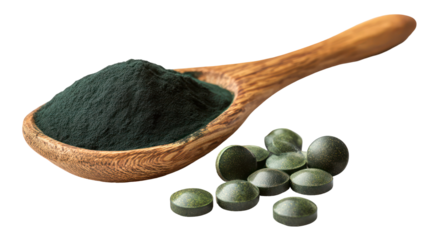 Spirulina Powder and Tablets in a Wooden Spoon on White Background on Transparent Background