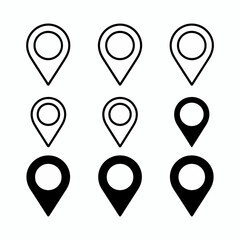 Set of six minimalist location pin icons outline and filled styles for navigation and maps