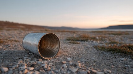 A lone rusted tin can on parched earth, whispers of Earth Day's recycling promise and minimalist simplicity's quiet rebellion