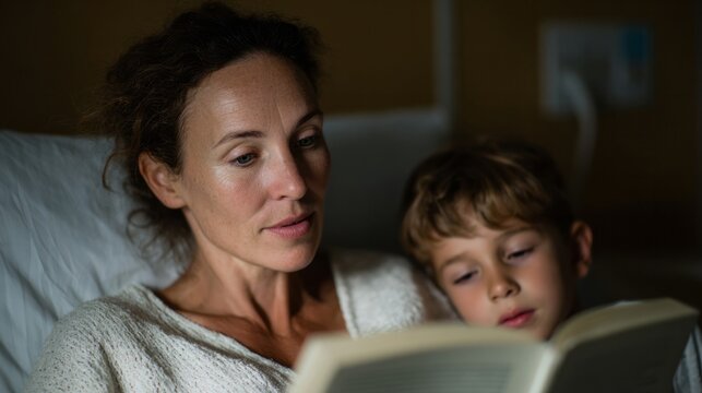 Cozy evening storytelling, Caucasian mother and son share magical tales, reminiscent of World Book Day and Hug Your Kids Day - Powered by Adobe